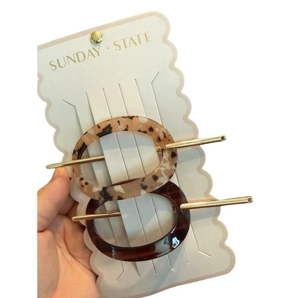 NWT Sunday State Tortoise Acetate Hair Clip Set of 2 Gold Hardware